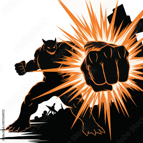 A powerful silhouette figure punches with explosive force, a dramatic comic book style illustration.