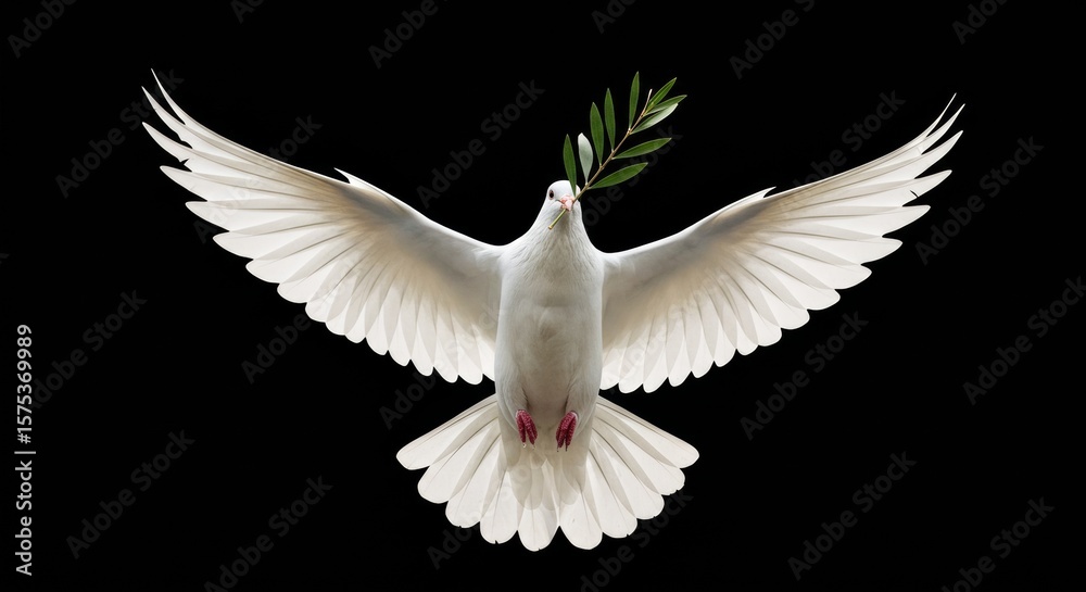 Fototapeta premium A pure white dove captured in mid-flight with wings fully spread, carrying an olive branch