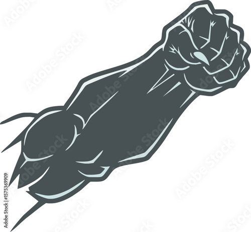 Powerful clenched fist, muscular arm, dynamic pose, strong graphic design.