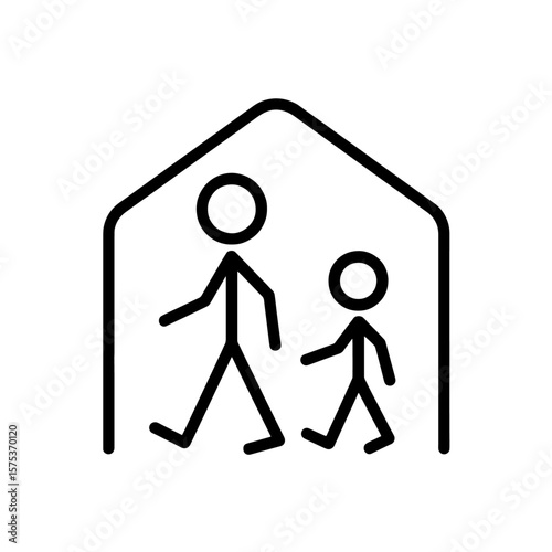 Parent and child stick figures walking inside a house outline.