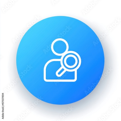 Minimalistic circular blue gradient icon featuring a white-outlined figure with circular head, rectangular body, and adjacent magnifying glass symbolizing search or discovery.