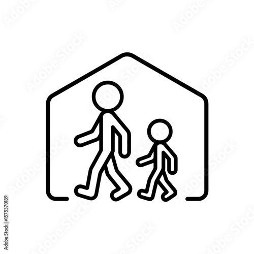 Outline of house with two stick figures, adult and child.