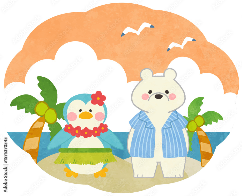 Naklejka premium 夕暮れの海にいる夏のシロクマとペンギンのアイコンイラスト