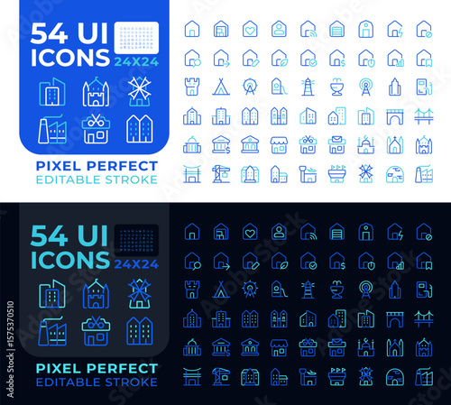 Construction colorful line ui icons set for light and dark mode. Public sector, houses. City residences. Vector duotone linear symbols pack. User interface elements, pixel perfect