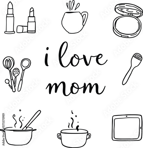 💖 Mother’s Day Icon Set Vector Illustration Featuring Black Silhouette Elements Including Lipsticks, Mug with Utensils, Compact Powder, Kitchen Tools, Facial Brush, Cooking Pot, Steaming Bowl, 
