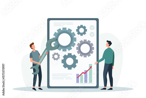 Tableau sur toile Vector of illustration of man with a wrench and his friend troubleshooting work of business data analytics schedule on monitor screen, isolated on a white background
