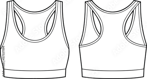 Women's Sports Bra Outline Vector Template, Front and Back Views, Classic Racerback Design, Ideal for Activewear Mock-ups, Fitness Apparel, and Sportswear Illustrations.