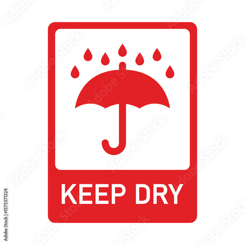 Red and white “KEEP DRY” label featuring an umbrella with raindrops—used on packages and surfaces to signal protection from moisture and water damage.