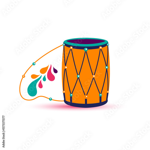 Stylized orange-and-blue drum with crisscross details, bead strings, and festive splashes—evokes rhythm, celebration, and artistic flair rooted in Indian culture.