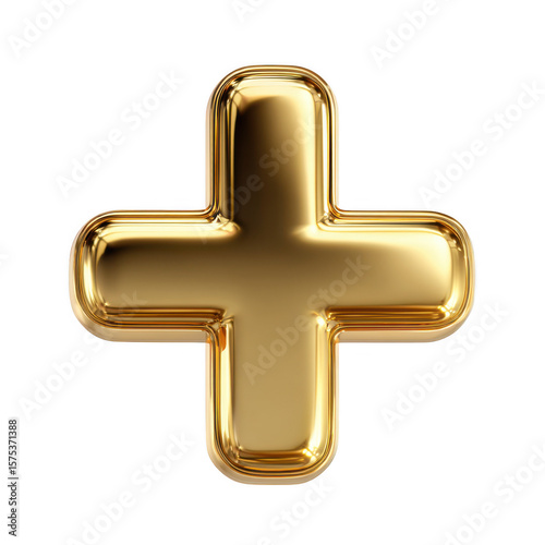 Shiny golden plus sign symbol with rounded edges isolated on transparent background