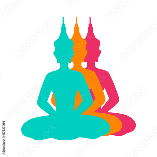 Overlapping silhouettes of seated Buddha figures in teal, orange, and pink create a layered meditative composition—symbolizing peace, mindfulness, and unity.