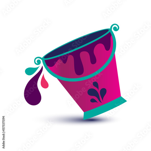 Tilted pink bucket with teal accents spills vibrant paint splashes in purple and red. A bold artistic scene symbolizing creativity, motion, and visual energy.