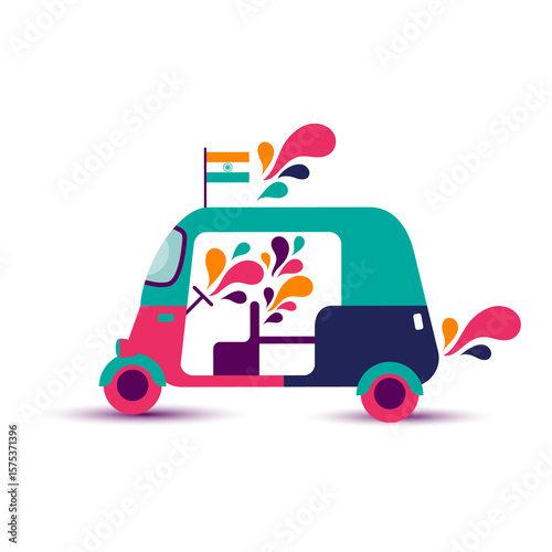 Vibrant stylized auto-rickshaw illustration in teal, pink, and orange with splash accents and a small Indian flag. A festive visual symbolizing travel and culture.