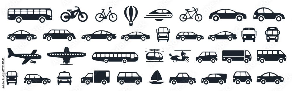 Fototapeta premium A collection of various transportation vehicles including cars bikes and aircrafts in black silhouette