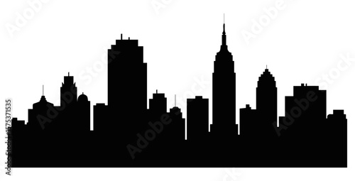 Silhouette of a cityscape with various tall buildings and skyscrapers against a white background