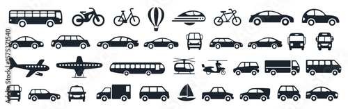 A collection of various transportation vehicles including cars bikes and aircrafts in black silhouette