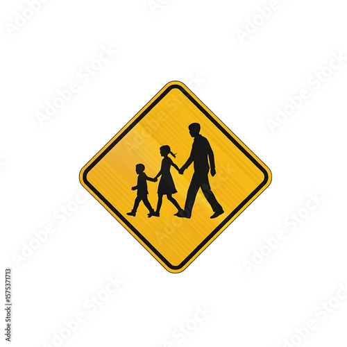 School Zone Pedestrian Sign: Family Crossing Safely, Driver Awareness Essential.
