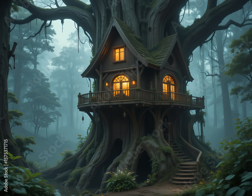 Whimsical Forest Treehouse with Warm Illuminated Windows