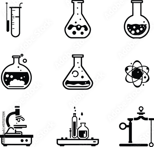 🔬 Laboratory Equipment Icon Set Vector Illustration Featuring Nine Black Silhouette Icons in a 3x3 Grid Including Test Tubes, Conical and Round-Bottom Flasks, Atomic Structure, Microscope, Lab Setup,