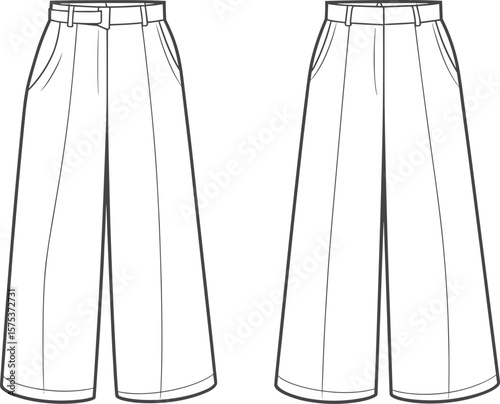 Wide leg high waist pants flat sketch, front and back view, technical vector illustration, fashion cad drawing, stylish garment design