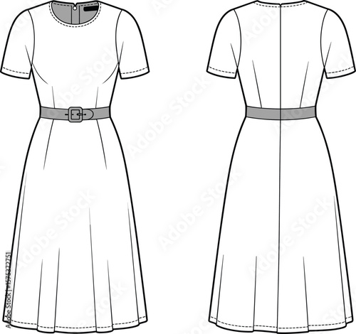 Short sleeve belted midi dress fashion flat, front and back view, technical sketch, vector style drawing, cad clothing illustration
