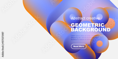 Abstract fluid shapes, blue orange gradients. Text reads Geometric Background, includes sample text, button. Modern design elements present.