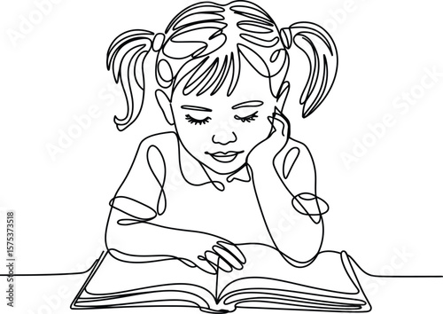 Focused Reader Poster Featuring Girl with Pigtails Immersed in Book at Desk with Hand on Chin in Minimalist Line Art Style