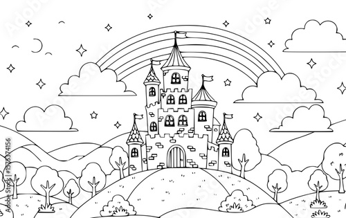 Fairy Tale Castle Coloring Page with Rainbow and Clouds