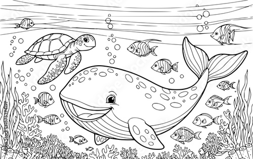 Ocean Animals Coloring Page with Whale, Turtle and Fish