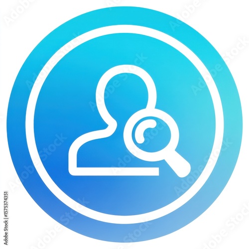 Circular gradient blue icon featuring a white-outlined person silhouette with adjacent magnifying glass, symbolizing user-focused search and discovery functionality.