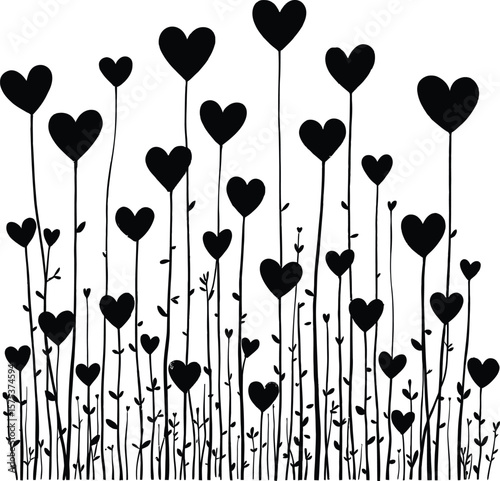 Heart Bloom Line Art Poster Featuring Clustered Heart-Shaped Flowers with Thin Stems and Bud Accents in Black and White Botanical Silhouette Composition