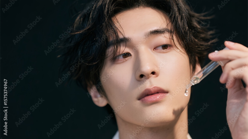 Obraz premium スポイトで美容液を肌に垂らす男性