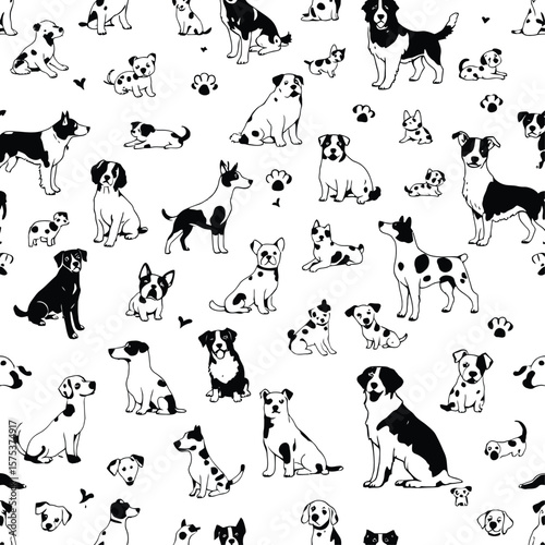 Pattern of various dog illustrations featuring multiple breeds and poses including sitting, standing, and lying down, with scattered paw prints and bones in black and white style on a white background