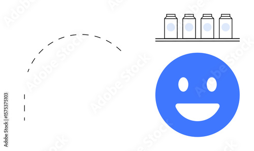 Blue smiling face next to four jars on a wooden shelf. Dashed line suggests motion or direction. Ideal for food store signage, happiness, dairy branding, customer satisfaction, motion graphics