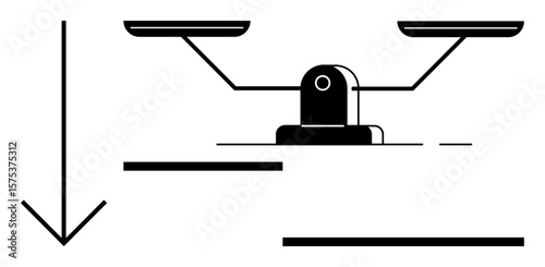 Balance scale with equal pans and downward arrow indicating weight, justice, or comparison. Ideal for themes thumbs up equality, decision-making, measurement, analysis, justice, fairness