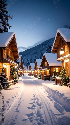 Wallpaper Mural Snowy Village Street with Night Lights. Torontodigital.ca