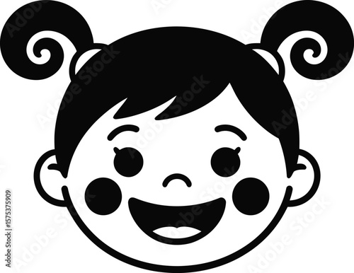 Happy Child Face Vector Illustration Featuring a Smiling Girl with Curly Pigtails, Closed Eyes, and Round Cheeks with Spots in Minimal Black and White Silhouette Style Representing Joy, Innocence,