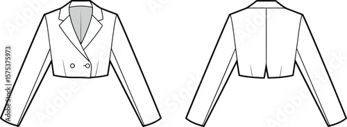 Cropped double breasted blazer flat sketch, front and back view, vector fashion drawing, technical cad, tailored long sleeve coat