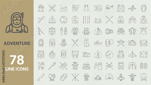 Adventure line art icons camping hiking