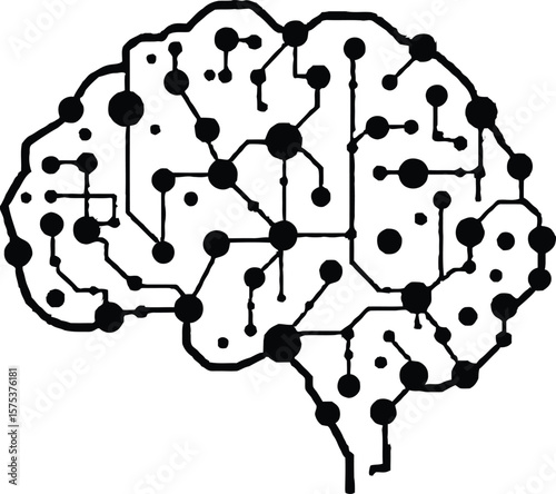 Artificial Intelligence Brain Network Vector Illustration Featuring a Stylized Human Brain with Interconnected Nodes and Lines Representing Neural Networks, Machine Learning, and Cognitive Connectivit