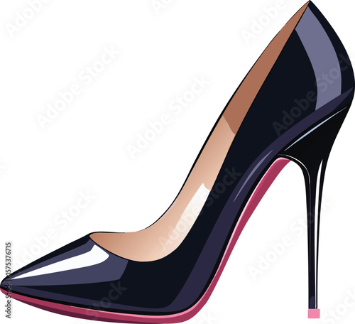 Elegant black stiletto high heel shoe with pink sole and nude interior