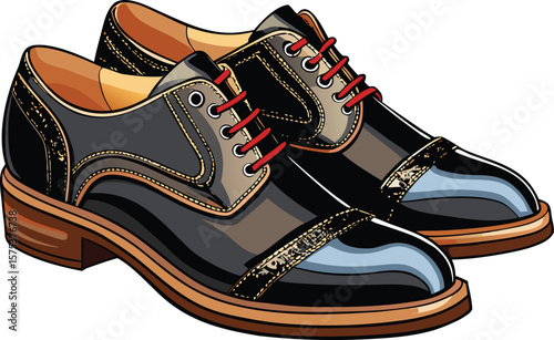 Stylish black oxford shoes with red laces and detailed stitching