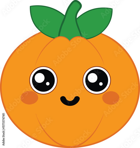 Round Cheerful Pumpkin with Green Leafy Fringe – Fall Cartoon Vector