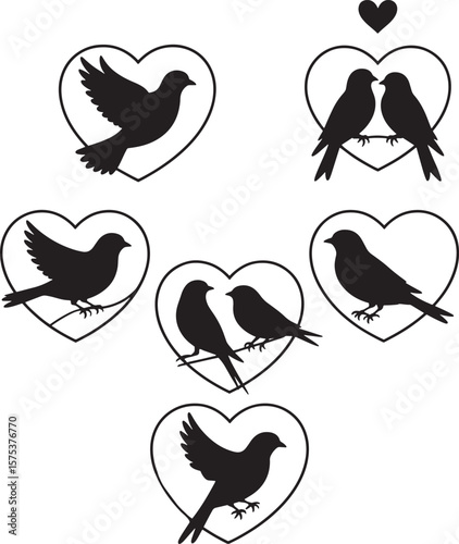 Black silhouettes of birds within heart shapes love romance