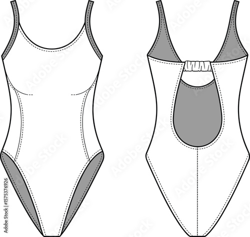 One piece swimsuit back cutout, vector fashion cad drawing, technical flat design, modern swimwear, editable template, outline sketch