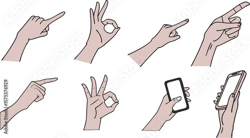 hand gesture vector illustration set showing finger pointing, ok sign, mobile phone holding, human hands in action, cartoon drawing, minimal flat design