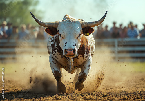 A powerful bull charges through a dust-filled arena during a vibrant regional rodeo, captured in the golden light of the afternoon sun. The motion is intense and dynamic, with captivated spectators in