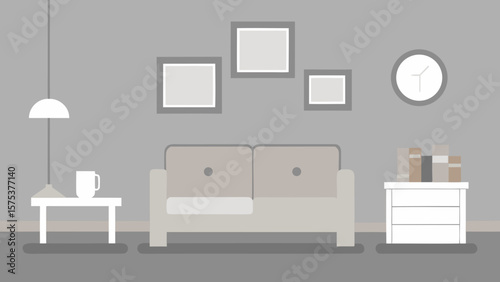 Minimalist living room interior with sofa side table lamp clock and framed pictures