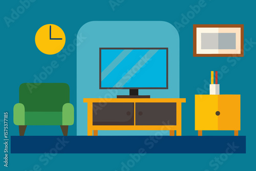 Cozy living room scene with armchair television and clock on wall