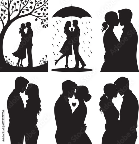 Couples embracing under tree and umbrella in romantic moments love romance
